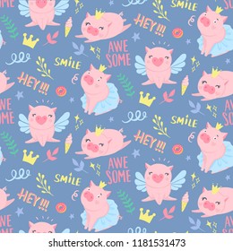 Vector seamless pattern with funny pigs. Elements for New Year's design. Symbol of 2019 on the Chinese calendar. Pig background isolated on white. Cartoon animals for wrapping paper, cards, bedding.