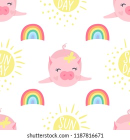 Vector seamless pattern with funny pigs. Symbol of 2019 on the Chinese calendar. Pig background isolated on white. Cartoon animals for wrapping paper, cards, bedding. Kids design.