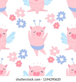 Vector seamless pattern with funny pigs. Symbol of 2019 on the Chinese calendar. Pig background isolated on white. Cartoon animals for wrapping paper, cards, bedding. Kids design.