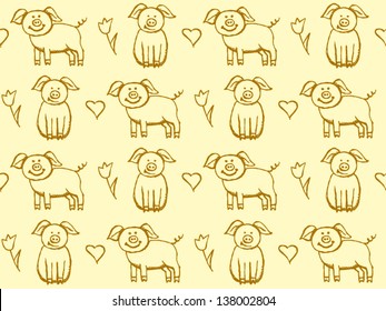 Vector seamless pattern with funny pigs, hearts and tulips 