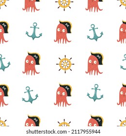 Vector seamless pattern with a funny pirate octopuses, anchors and ship rudder