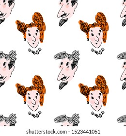 Vector seamless pattern with funny  portraits. Hand drawn illustration of  people faces. Children's drawing style.