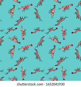 Vector seamless pattern with funny prawns in a crown and funny paws. Turquoise background. For wrapping paper, wallpaper, children's textiles, covers and printed matter, banner, poster, menu decor.