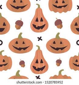 Vector seamless pattern with funny pumpkins on a white background.