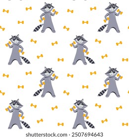 Vector seamless pattern with funny raccoons playing sports with a dumbbells. Cute cartoon character training. Kids wallpaper with nice animals. Texture for textile for children.