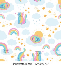 Vector seamless pattern with funny rainbow cats. Cartoon characters. Sky with clouds, rainbow and stars. Perfect for nursery, print on fabrics and scrapbooking.