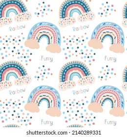 Vector seamless pattern of funny rainbows. Pink and blue rainbows on the clouds. Bright print for fabric, packaging, digital paper. Kids design.