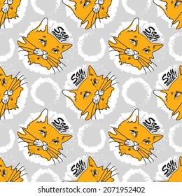 Vector seamless pattern with funny red cats faces. Hand drawn illustration of funny tomcats. Say milk!