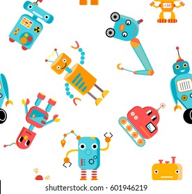 Vector seamless pattern with funny robot characters.