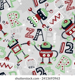 Vector seamless pattern of funny robots