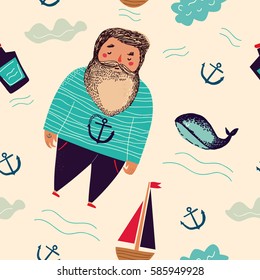 Vector seamless pattern  with funny sailor