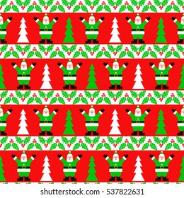Vector seamless pattern with a funny Santa Claus, Christmas berries, Christmas trees. Flat style design.