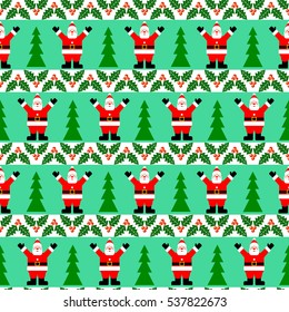 Vector seamless pattern with a funny Santa Claus, Christmas berries, Christmas trees. Flat style design.