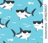 Vector seamless pattern with funny shark in sunglasses. Ocean print for kids clothes, fabric, cards