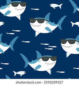 Vector seamless pattern with funny shark in sunglasses. Ocean print for kids clothes, fabric, cards