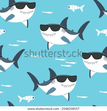 Vector seamless pattern with funny shark in sunglasses. Ocean print for kids clothes, fabric, cards