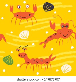 Vector seamless pattern with funny smiling crustaceans