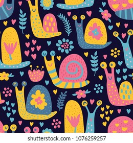 vector seamless pattern of funny snails on dark background