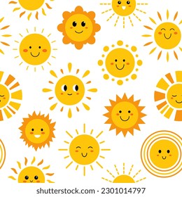 Vector seamless pattern with funny suns with faces. Pattern with cute summer sunshine on white background. Seamless print with happy smiling baby suns.