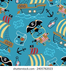 Vector seamless pattern of funny tiger pirate with sailing elements