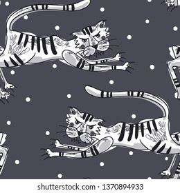 vector seamless pattern with funny tigers on a grey dotted background