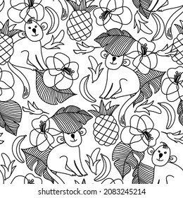 Vector seamless pattern with funny tropical monkeys in the jungle among exotic flowers and birds Black and white design for coloring