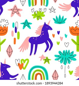 Vector seamless pattern with funny unicorns, stars, rainbows, flowers isolated on white background. Cute magic background. Fantasy wallpaper. Design element for wrapping, t-shirt print, invitation