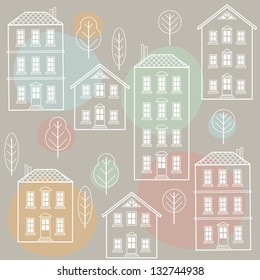 Vector seamless pattern with funny vintage houses on pale brown background