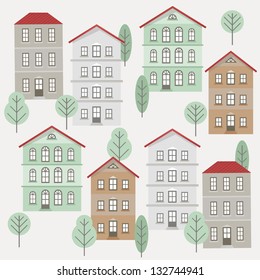 Vector seamless pattern with funny vintage houses on white background