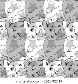 Vector seamless pattern with funny white cats . Hand drawn illustration of funny tomcats.