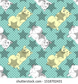 Vector seamless pattern with funny white cats . Hand drawn illustration of funny tomcats.