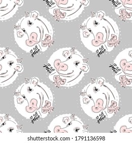 Vector seamless pattern with funny white cow. Pretty cow with bow.
