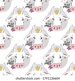 Vector seamless pattern and funny white cow princess  Pretty cow and crown   flower 