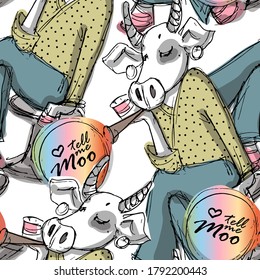 Vector seamless pattern with funny white cow. Pretty cow with soapbubble.