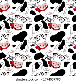 Vector seamless pattern with funny white cow. Pretty cow with bow.