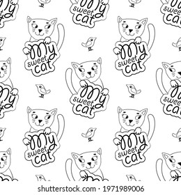 Vector seamless pattern with funny white cats faces. Hand drawn illustration of funny tomcats. Text. My sweet cat.