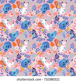 Vector seamless pattern with funny white rabbits, flowers, fly-agaric and  vegetables: cabbage, decorative pumpkin, carrots, beets. Lovely design for textiles
