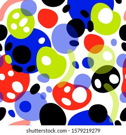 Vector seamless pattern in funny white-red-green-blue colors, abstract mood of a cozy day's day, drops of water, mushrooms, different spots and dots.