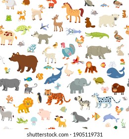 Vector seamless pattern of funny wild animals of the world and ocean. Mammals, birds, reptiles and fish of tropical countries, North America, Eurasia and the Arctic. Domestic animals and poultry.