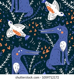 vector seamless pattern with funny wolfes and birds