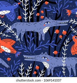 vector seamless pattern with funny wolfes and orange birds