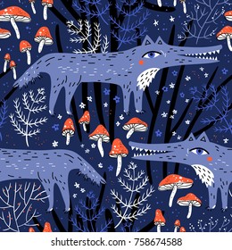 vector seamless pattern with funny wolfs in a farytale forest