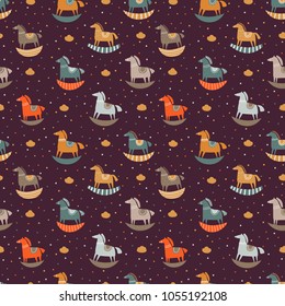 Vector seamless pattern with funny wood horse in pastel colors. Ideal for cards, invitations, wallpaper, web page backgrounds, textile industry, kindergarten, preschool and children room decoration