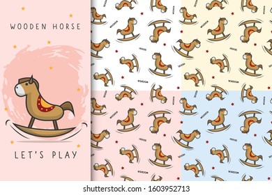 Vector seamless pattern with funny wood horse in pastel colors.  Creative pattern texture  for fabric, wrapping,wallpaper, apparel