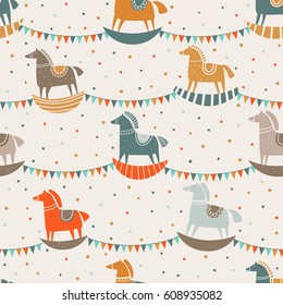 Vector seamless pattern with funny wood horse in pastel colors. Ideal for cards, invitations, wallpaper, web page backgrounds, textile industry, kindergarten, preschool and children room decoration