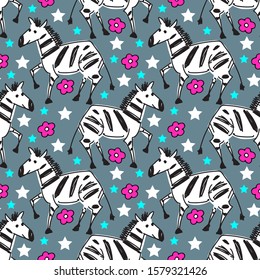 Vector seamless pattern with funny  zebras. Illustration of funny horses and flowers. Children's drawing style, scrawl.