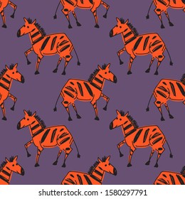 Vector seamless pattern with funny  zebras. Illustration of funny horses. Children's drawing style, scrawl.