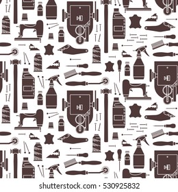 Vector seamless pattern of furrier tools. Print on white background. Icons set Workshop furrier. Fur sewing. For website construction, mobile applications, banners, corporate brochures, book covers