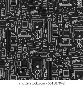 Vector seamless pattern of furrier tools. Print on black background. Icons set Workshop furrier. For website construction, mobile applications, banners, corporate brochures, layouts