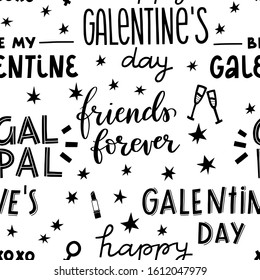 Vector seamless pattern with Galentine's day hand lettering elements, hand drawn stars, clinking wineglasses, lipstick, suitable for backgrounds, wrapping paper, wallpaper, fabric, etc.